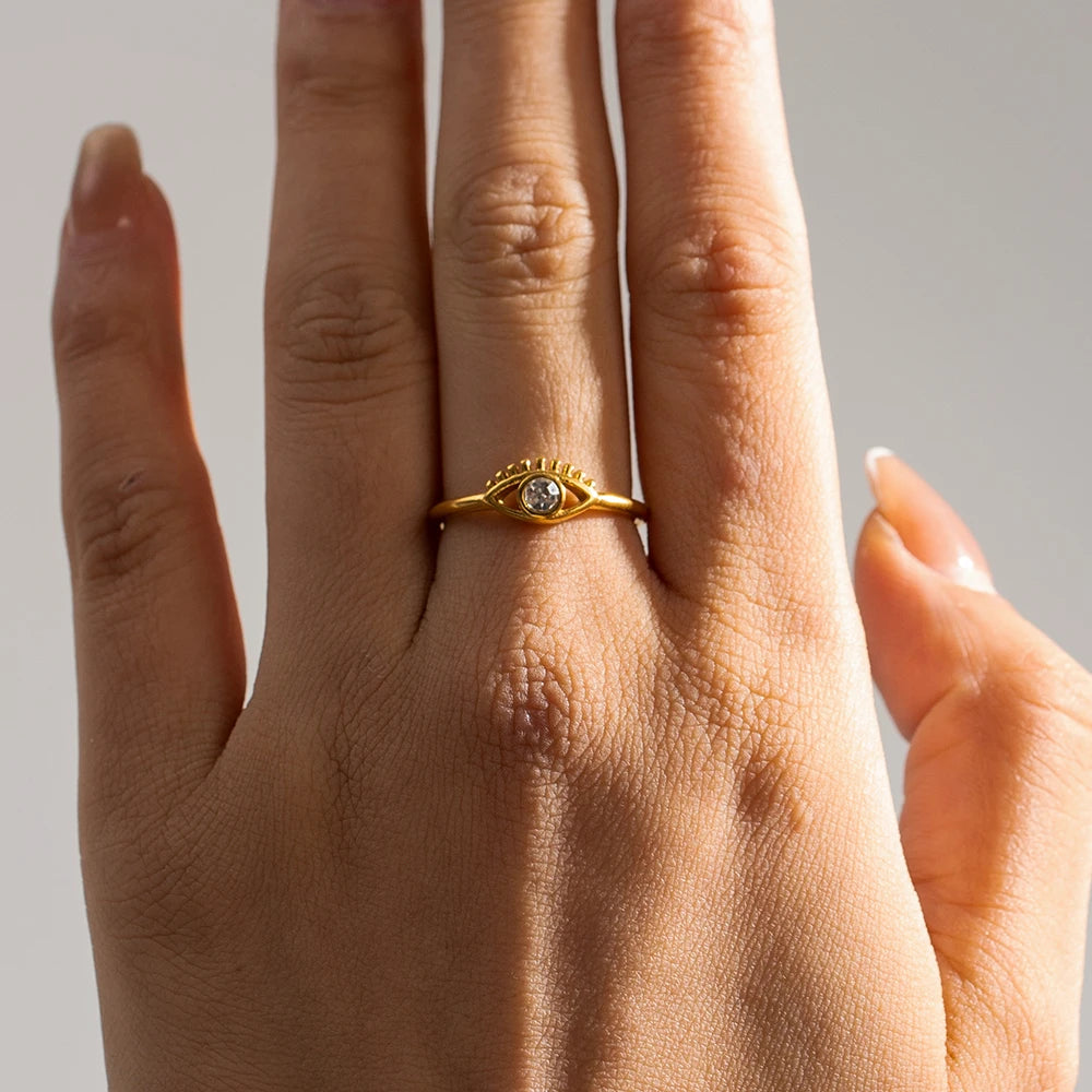 Youthway Trendy Zircon Devil's Eye Stainless Steel Ring 18K Gold Plated Waterproof Charm Jewelry for Girls Women 2023 NEW Santorini Joias