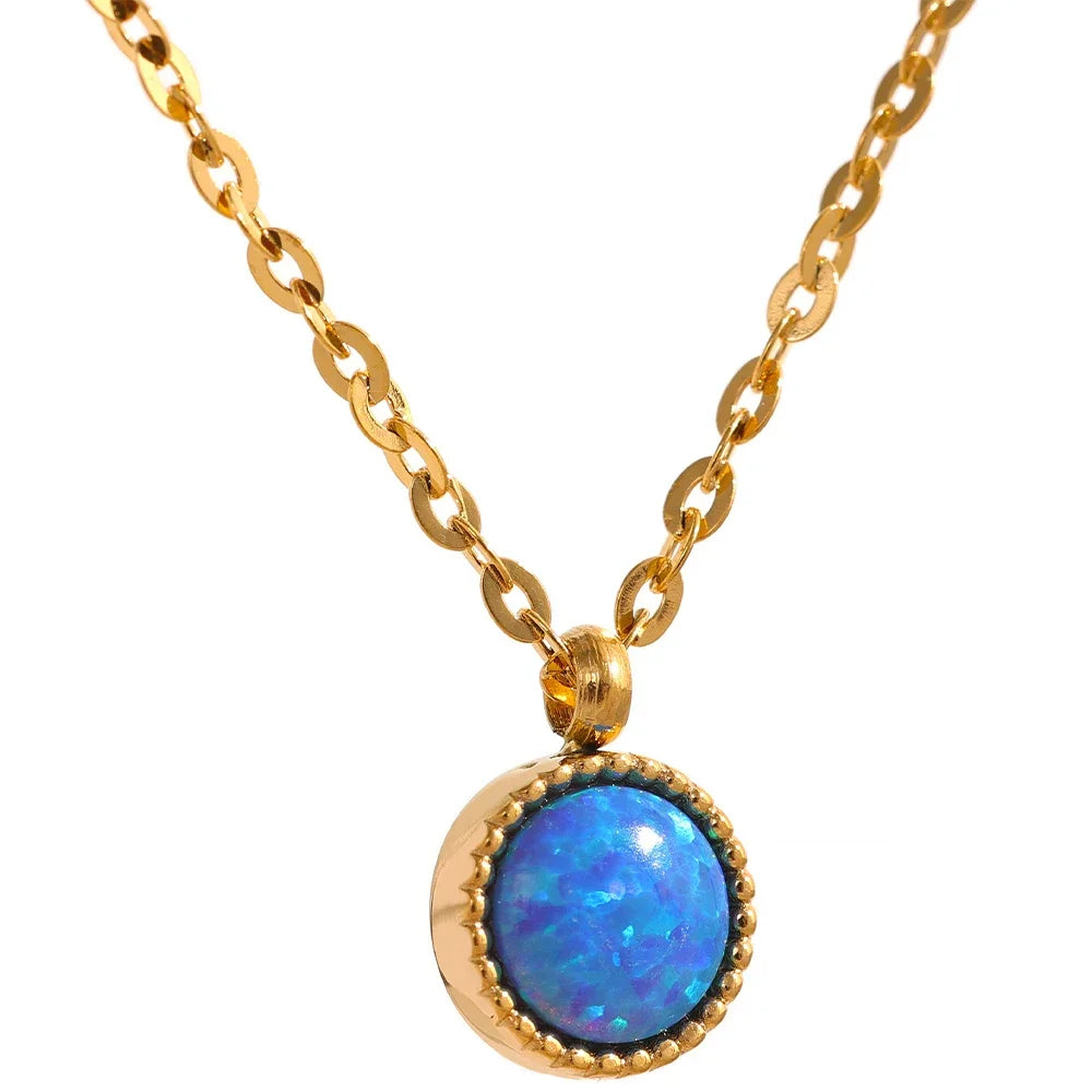 Yhpup Charm Chic Blue Opal Natural Stone Small Pendant Stainless Steel Gold Color Necklace Waterproof Trendy Jewelry Women New YH883A Santorini Joias